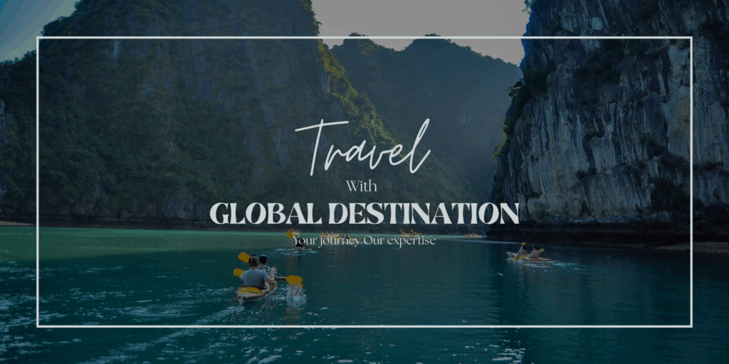 wo people kayaking in the emerald waters of Ha Long Bay, Vietnam, surrounded by lush limestone karsts.