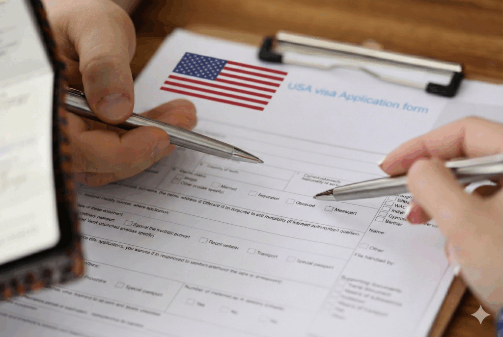 travel agent assisting a client with a USA visa apllication form