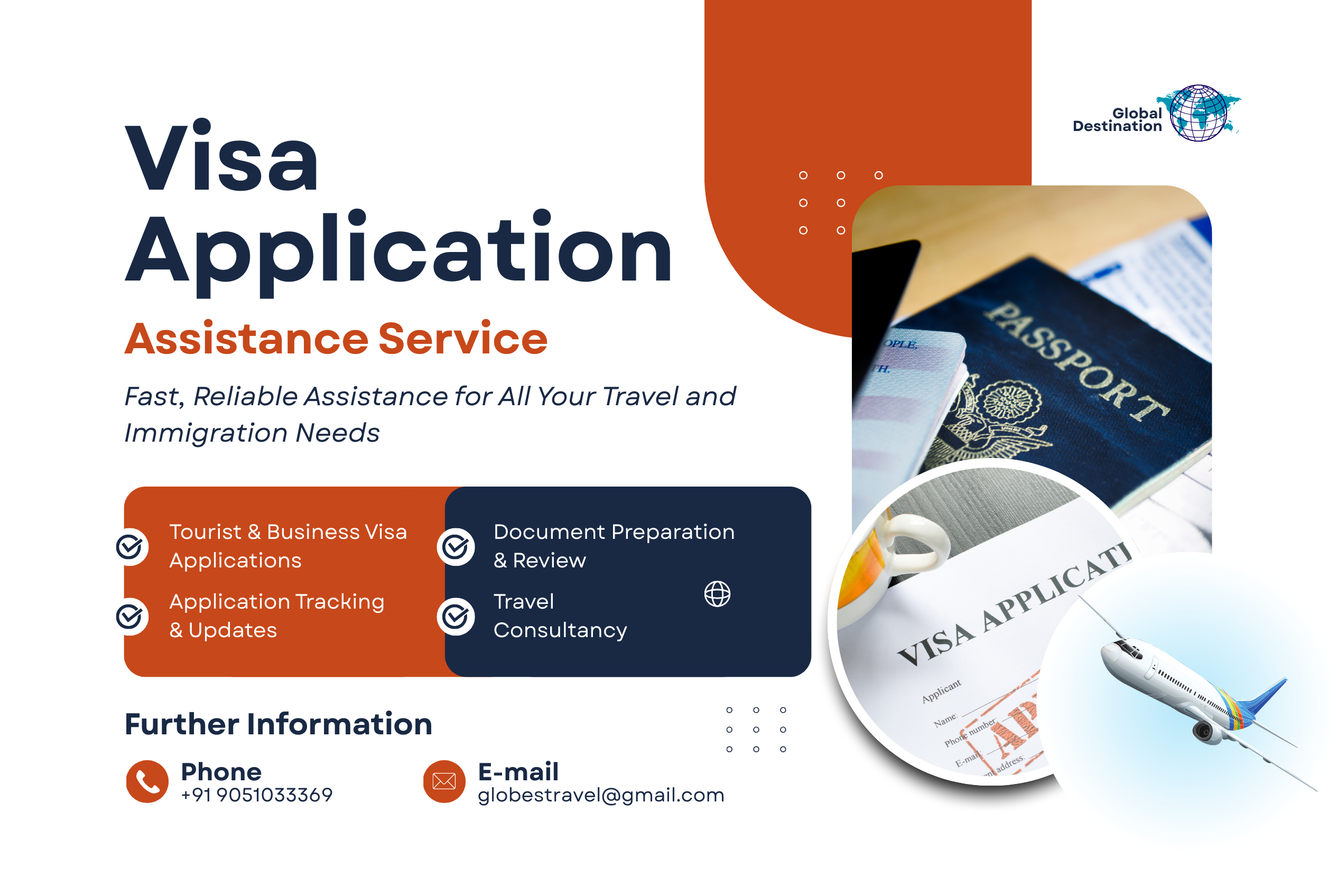 descriptive picture including informations about visa and passport assistance provided by global destination